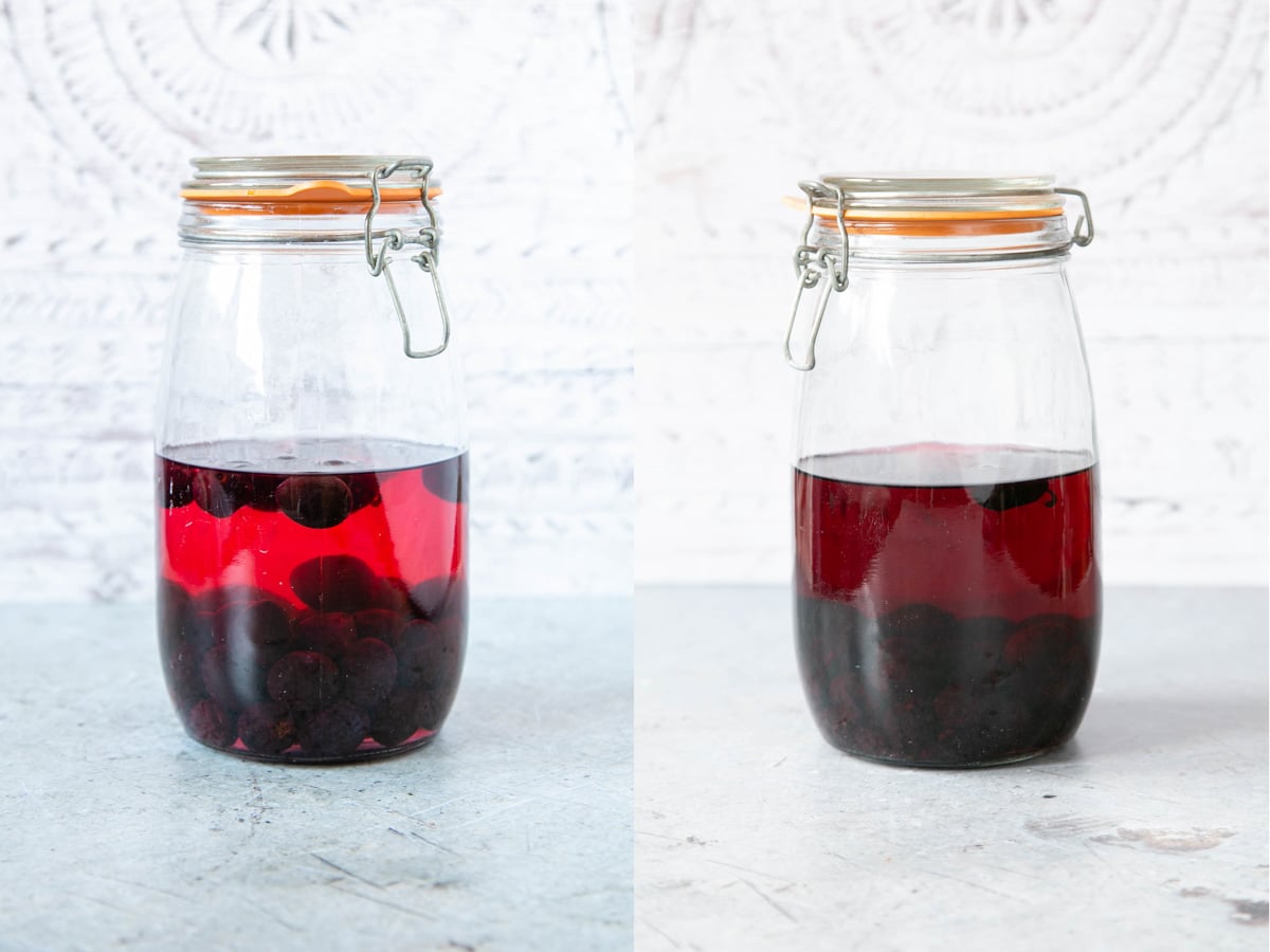 Damson vodka has coloured red as it matures.