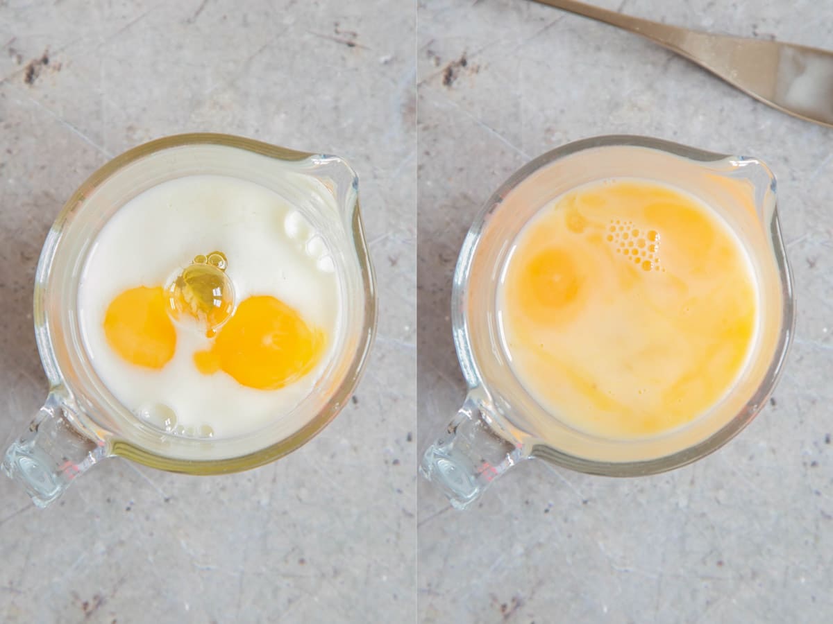 Eggs and milk in a glass jug, before and after beating together.