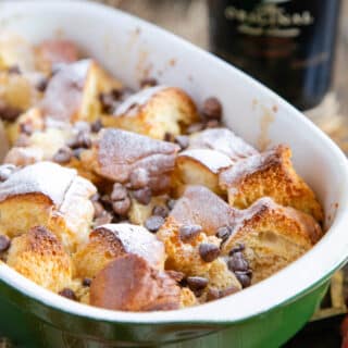 A close up of Irish cream bread and butter pudding.