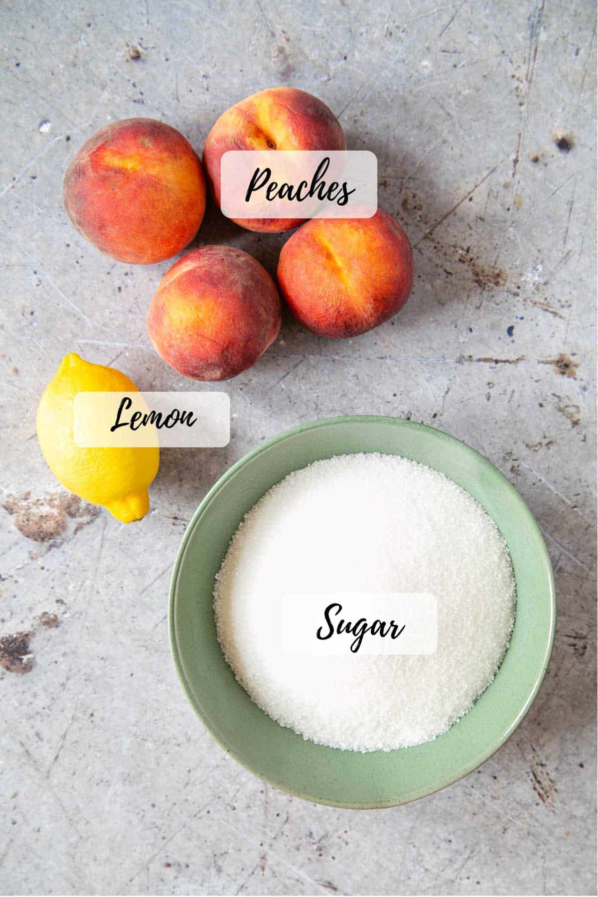 Ingredients for peach jam - peaches, lemon and white sugar