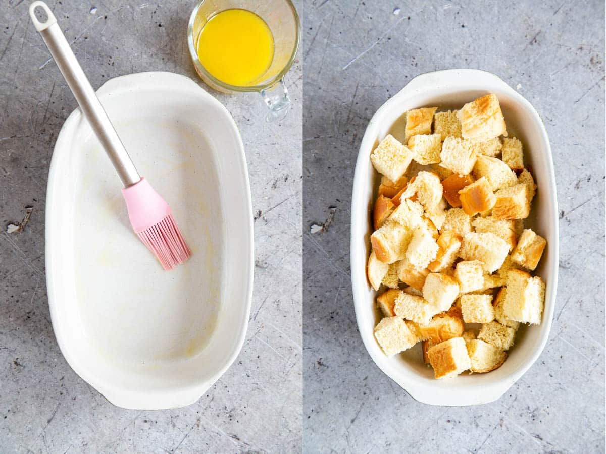 Left: buttering the inside of the baking dish. Right: the brioche cubes arranged in the dish.