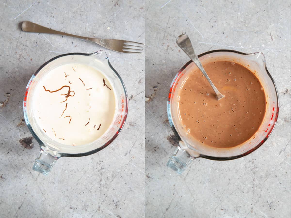 Left: the ingredients for the custard in a jug. Right: the same jug with the ingredients mixed to a chocolatey custard.