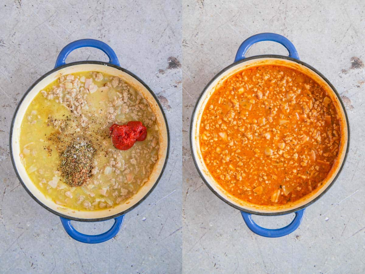 Left: adding the stock, herbs and tomato puree. Right: With these cooked in, the gravy takes on a warm orange tone.