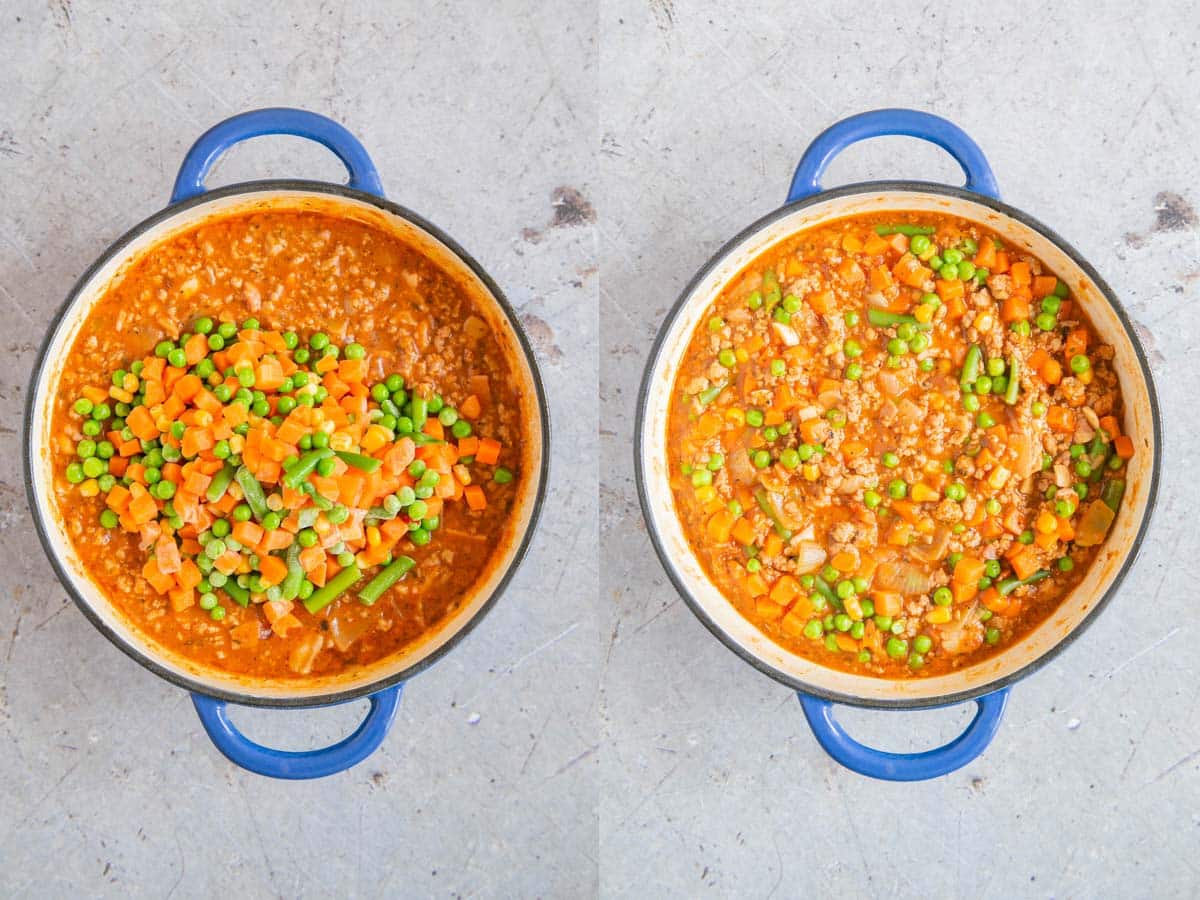 Left: the vegetables and parsley added to the pot. Right: With the vegetables cooked through, the dish is ready.