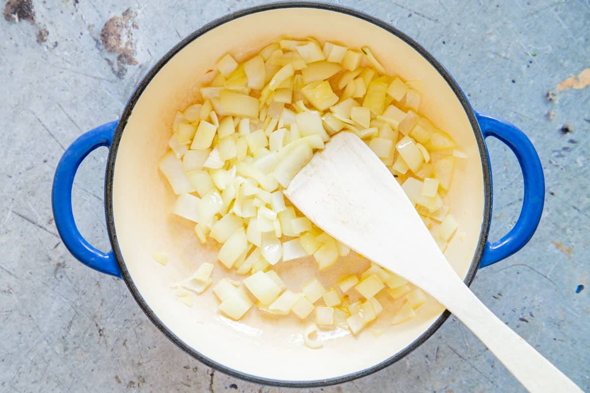 Fry the onion gently so that it starts to turn golden but not brown.