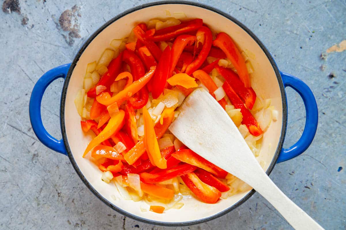 Add the peppers to the pan and continue to fry gently.