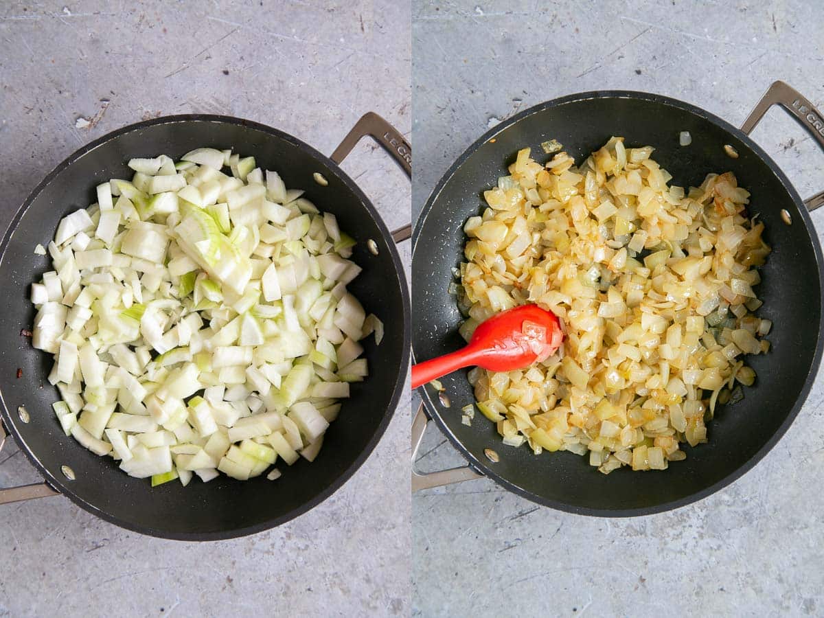 Left: the chopped onions in the pan. Right: the cooked onions are soft and golden.