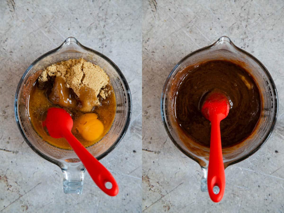 Left: adding the sugar, egg and vanilla. Right: the ingredients mixed together.