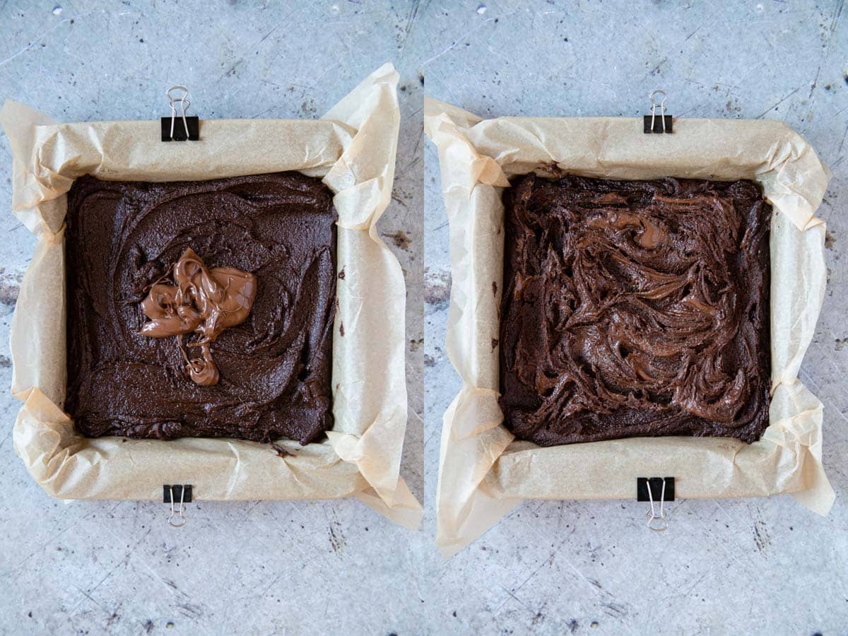 Left: a spoonful of Nutella added to the surface of the batter. Right: the spread swirled out in an attractive pattern.