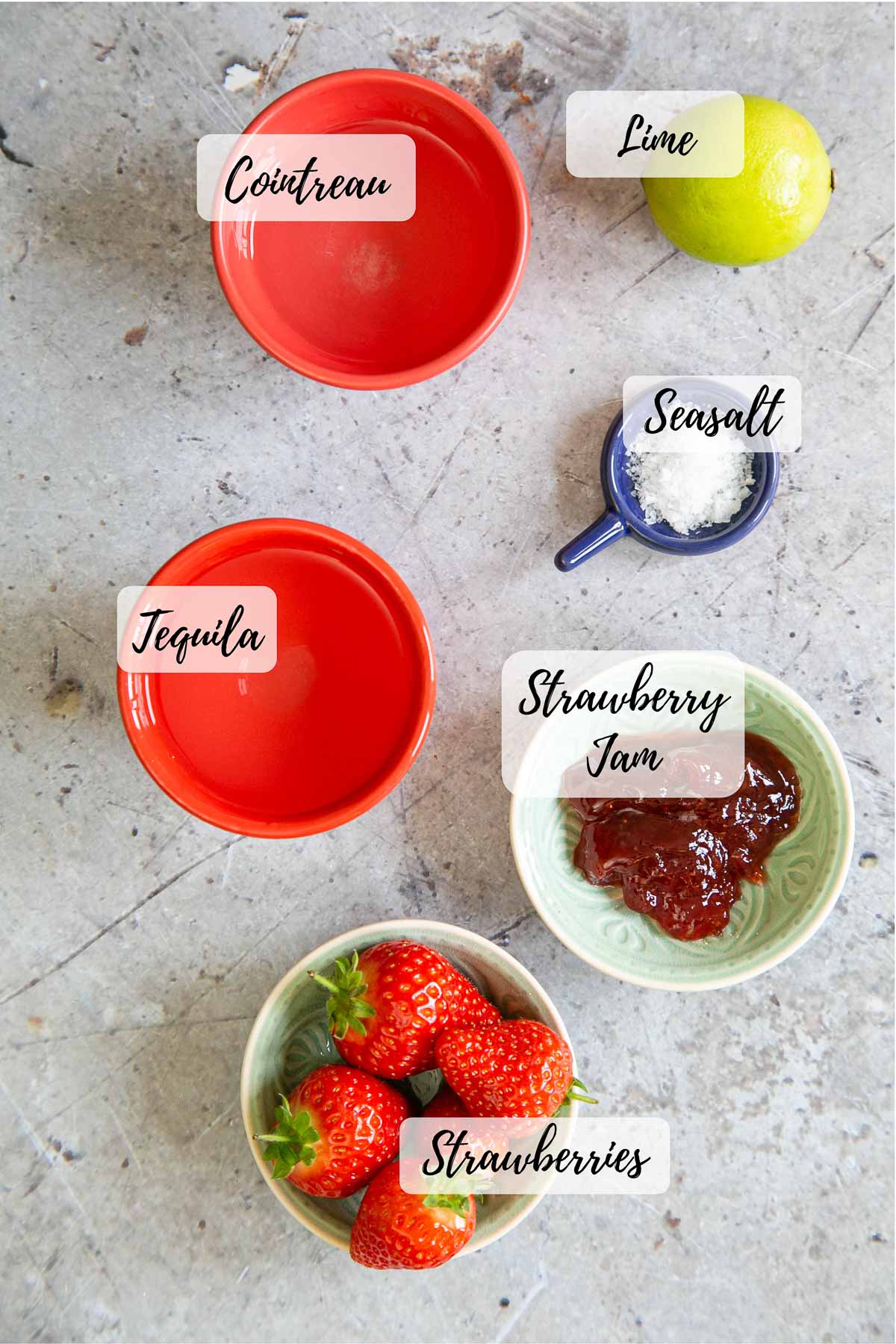 Ingredients: cointreau, lime, salt, strawberry jam, fresh strawberries, tequila