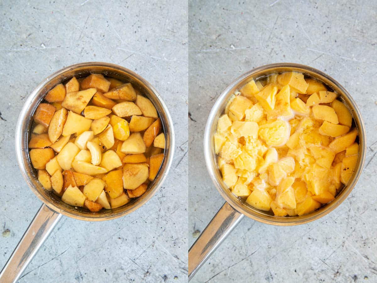 Left: the quince in the saucepan. Right: the cooked quince in the pan.