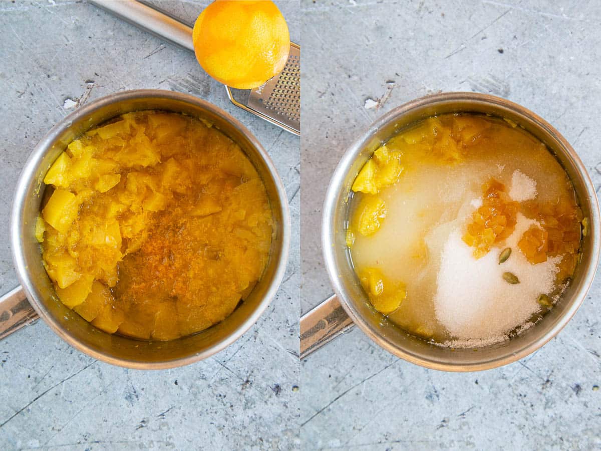 Left: grating the orange zest into the pumpkin. Right: all the other ingredients added to the pot.