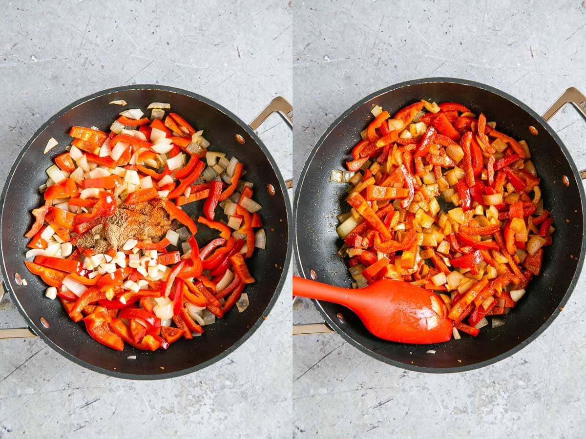 Left: The spices added to the pan with the vegetables. Right: The spices cooked in, ready to transfer to the slow cooker.