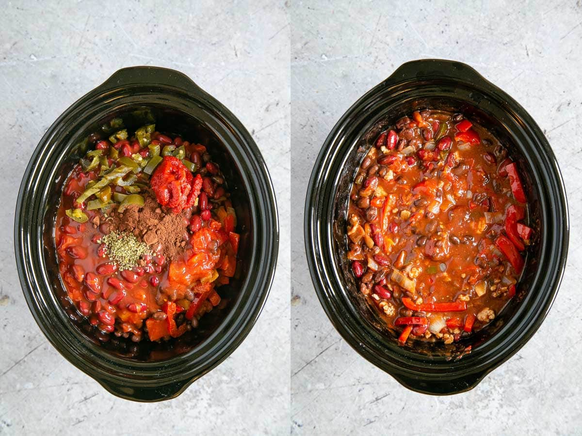 Left: The remaining ingredients added to the slow cooker. Right: All the ingredients are now well combined.