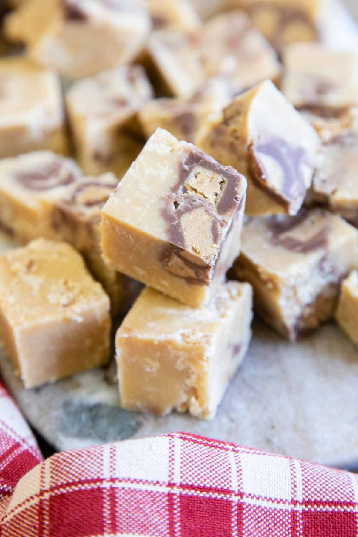 Mouthwatering chunks of peanut butter fudge with a chocolate swirl.