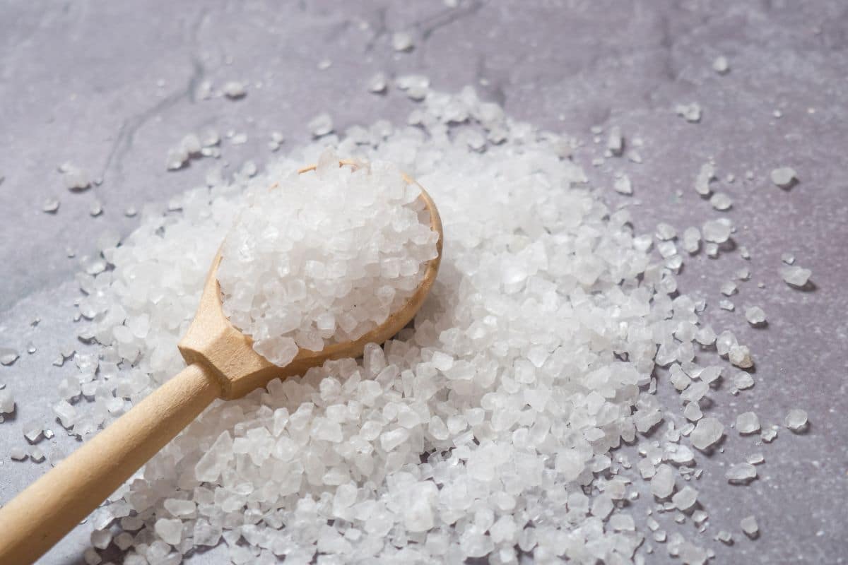 Large crystals of sea salt piled on a grey surface. A small spoon holding more salt on top.