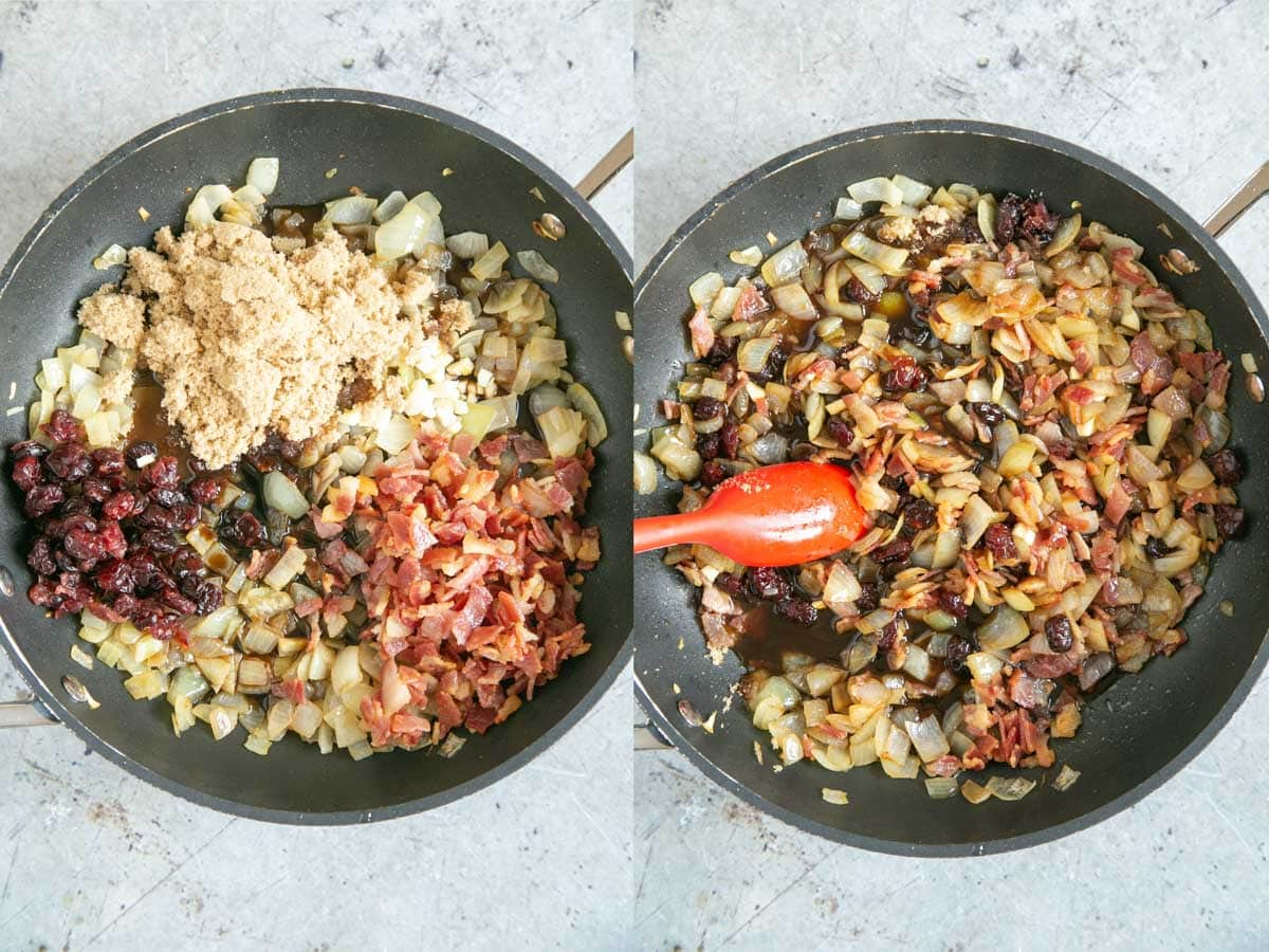 Left: the bacon is returned to the pan with all the remaining ingredients. Right: bringing it all together in the pan.