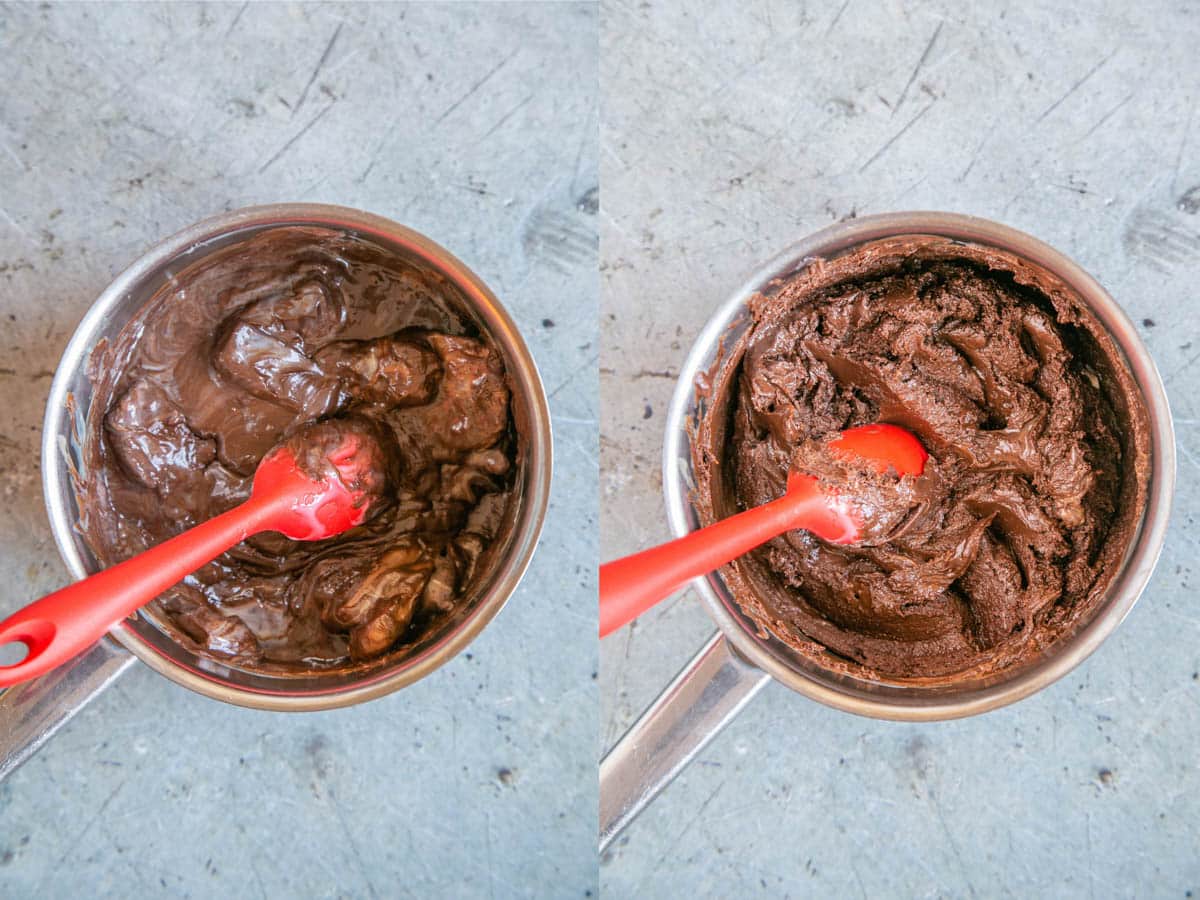 Left: As the condensed milk warms up, the chocolate starts to melt. Right: stir well to combine the milk and chocolate.