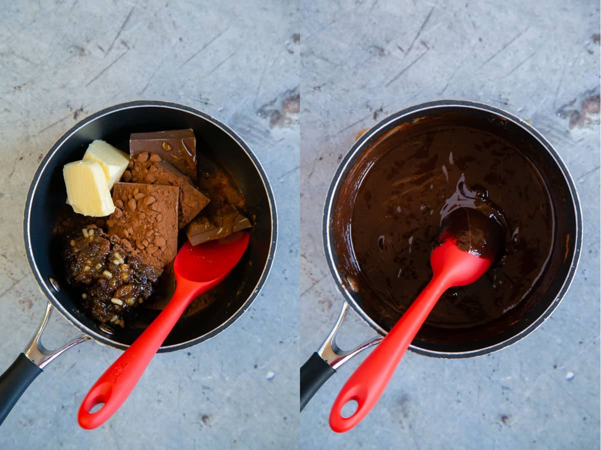 Left: the pan will all of the ingredients except for the biscuits. Right: the ingredients melted together into a rich chocolate liquid.
