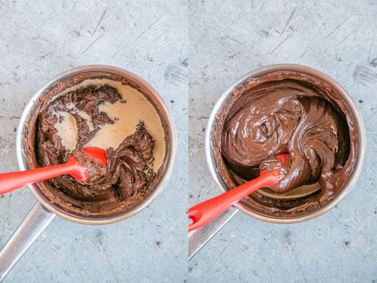 Left: Adding the cream liqueur. Right: All the ingredients well combined in the pan.