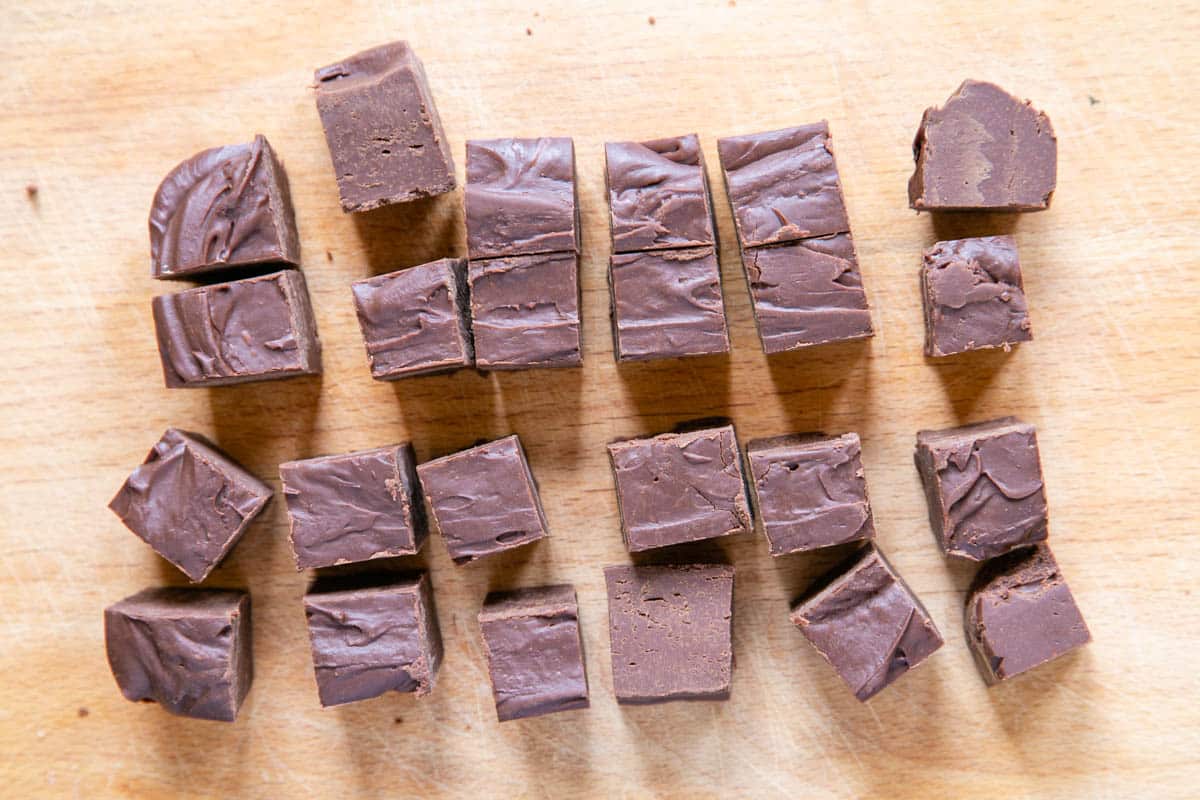 Once set, the Baileys fudge can be cut into bite sized cubes, ready to serve.
