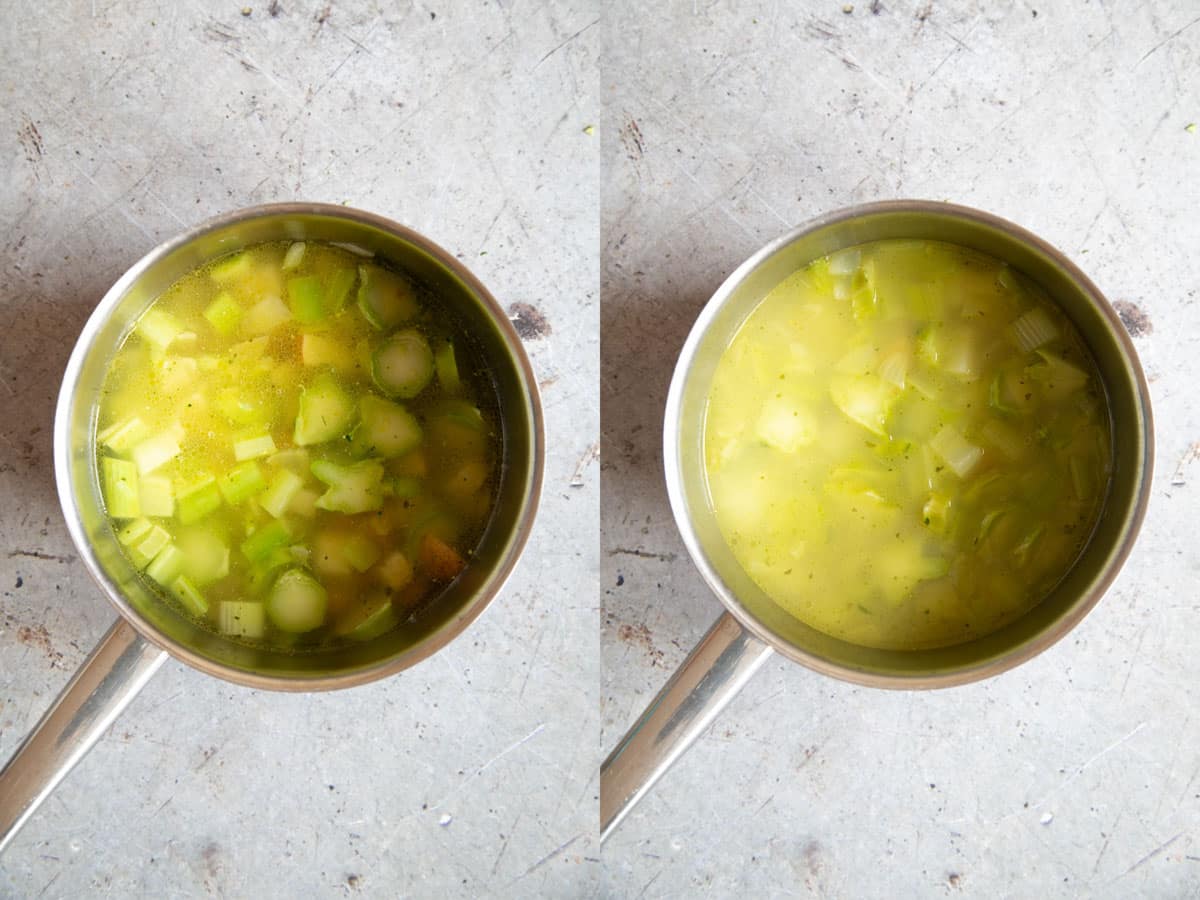 Left: the broccoli stems, potato and stock added to the pot. Right: after cooking., with soft vegetables and a cloudy broth.