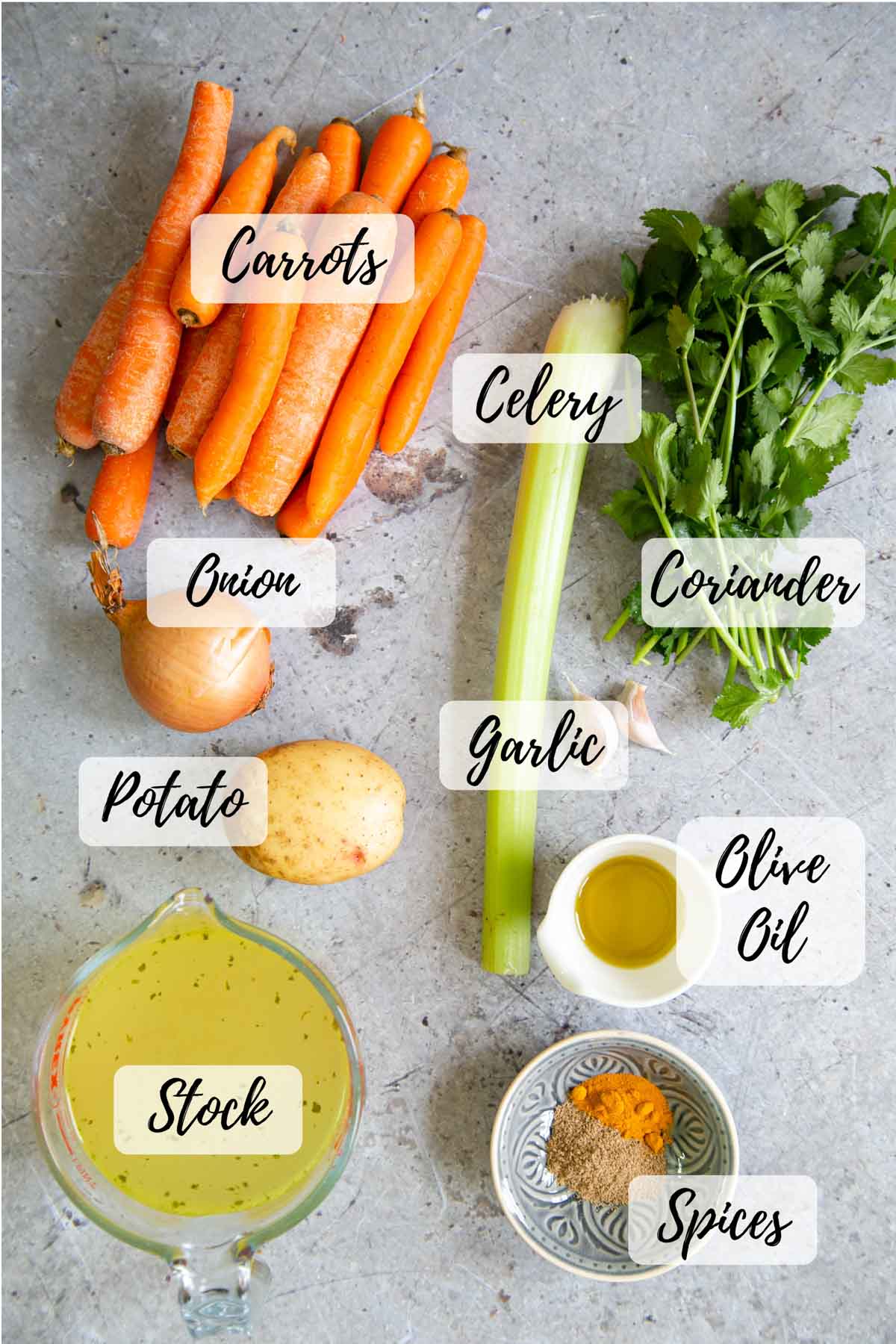 The ingredients: carrots, celery, coriander, ollive oil, spices, stock, a potato, an onion.