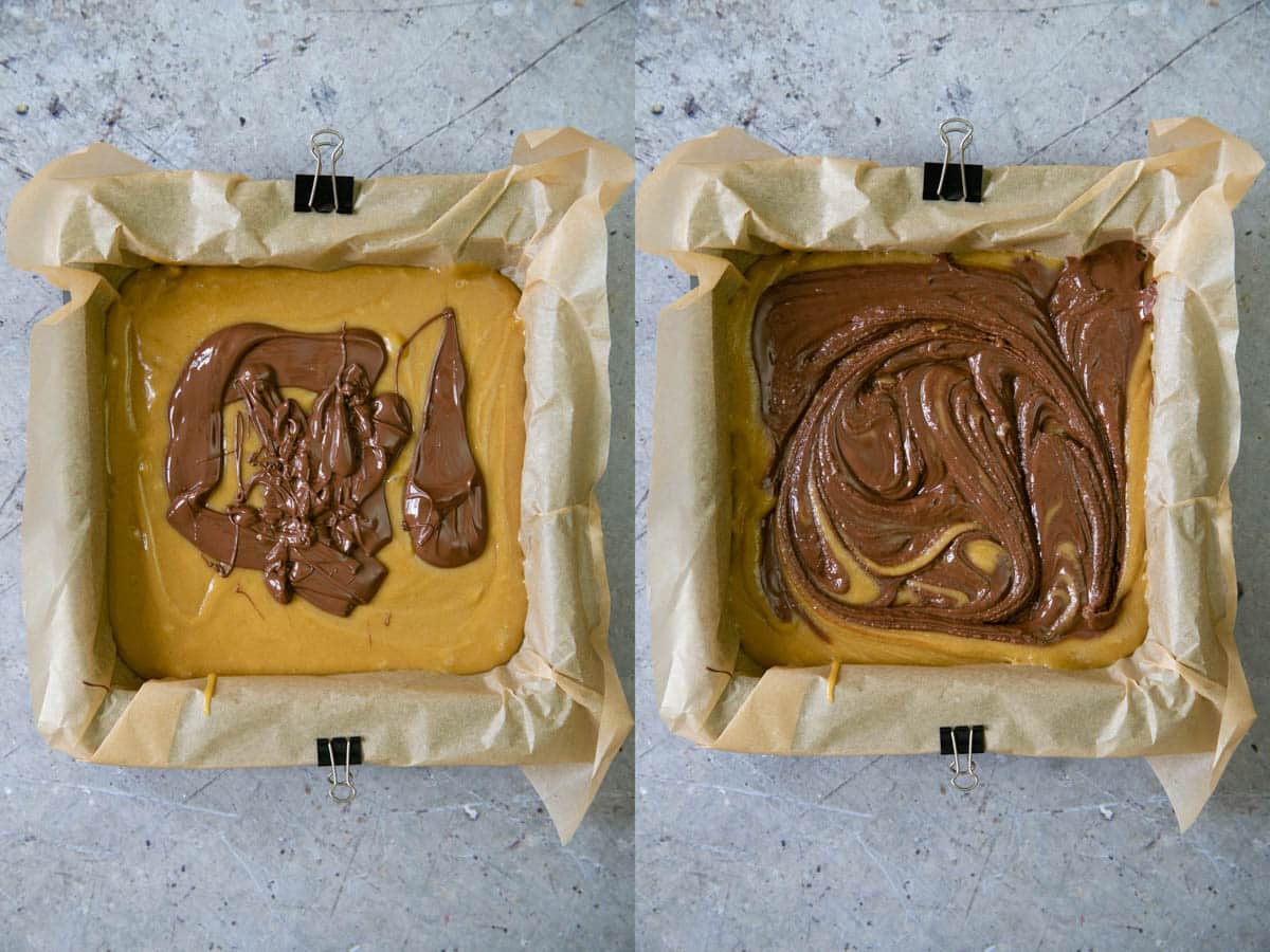 Left: The nutella added to the surface of the batter. Right: the nutella swirled across the surface, ready to bake.