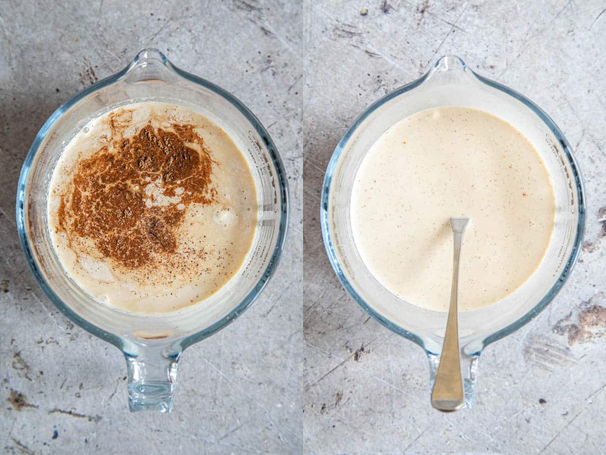 Left: all the ingredients for the custard in the jug. Right: the custard mixed.