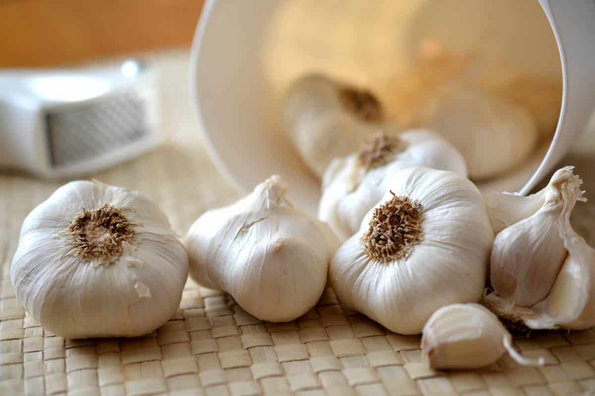 Cloves of garlic spilling out from a small container onto a woven rush surface.