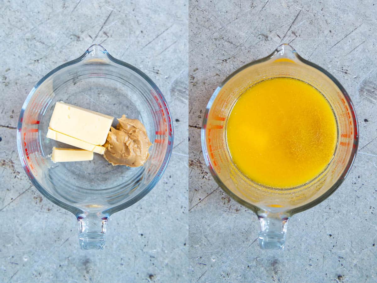 Left: the butter and peanut butter in a jug. Right: the two ingredients melted together.