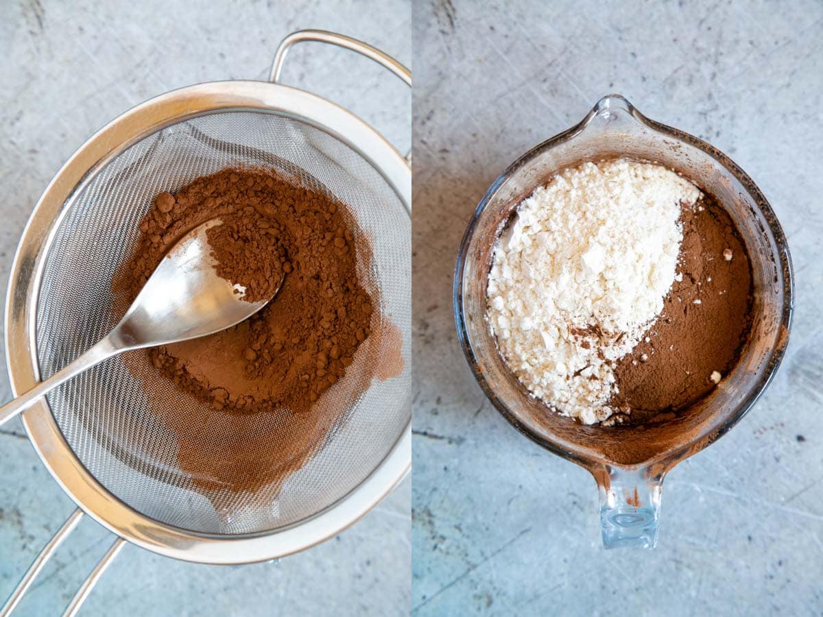 Left: sifting cocoa into the jug. Right: the same jug with the flour added.