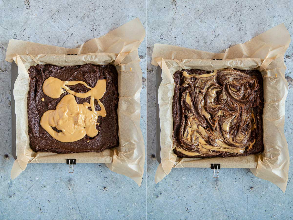 Left: the brownie batter in the tray, with peanut butter on top. Right: the peanut butter swirled in an attractive pattern across the top.