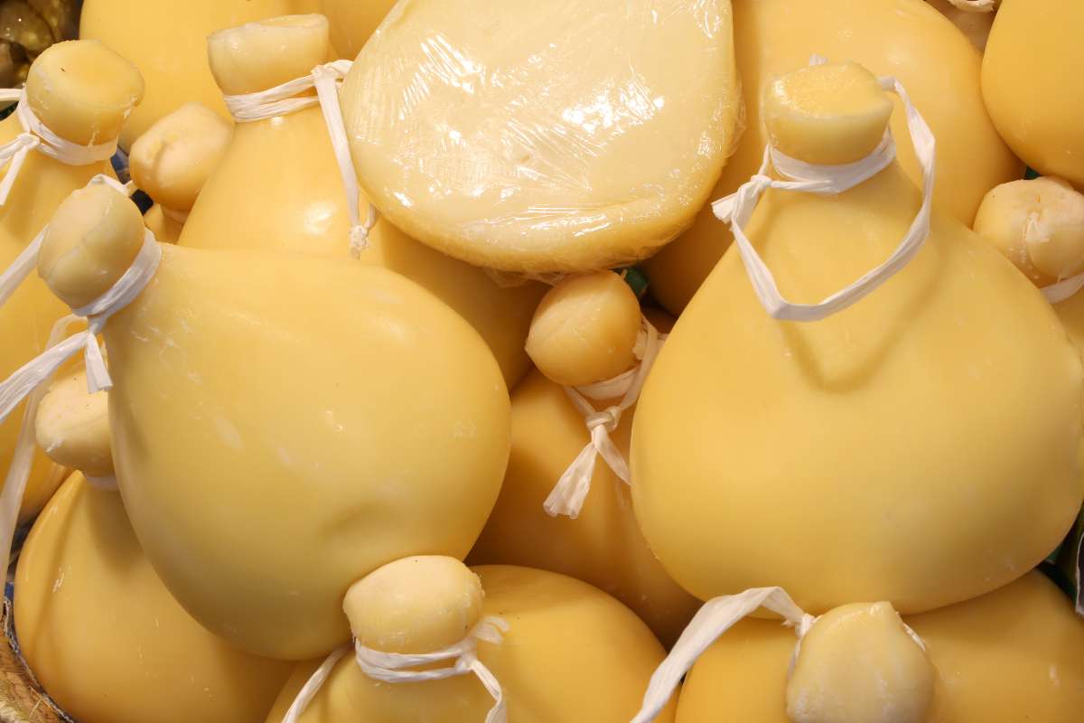 A pile of provolone cheeses, each with a ribbon around the neck for hanging.