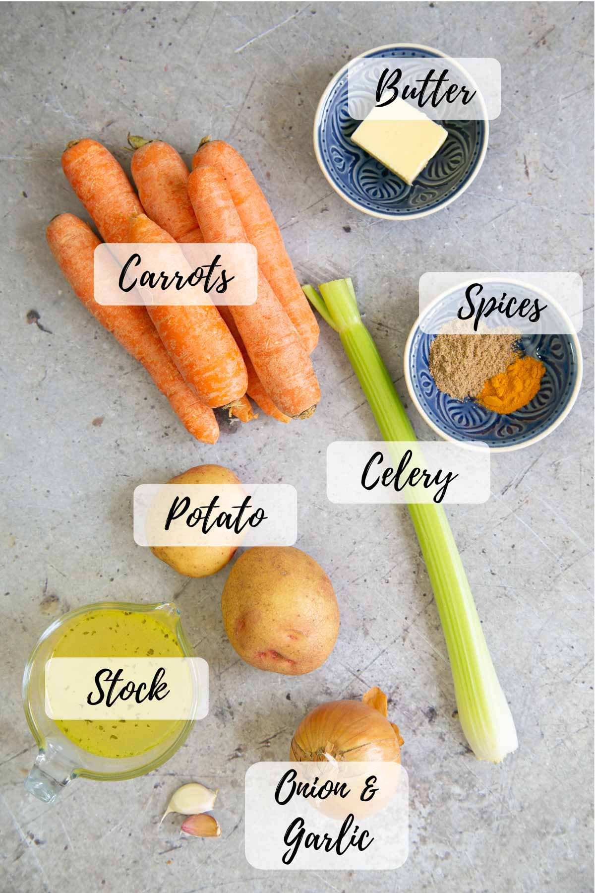 The ingredients: carrots, butter, spices, a celery stick, onion and garlic, potato, stock
