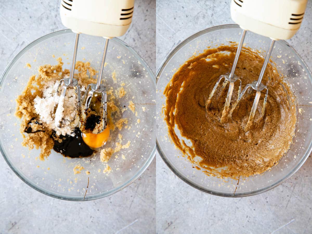 Left: adding the a spoonful of flour along with the treacle and egg. Right - mixing to a smooth batter.