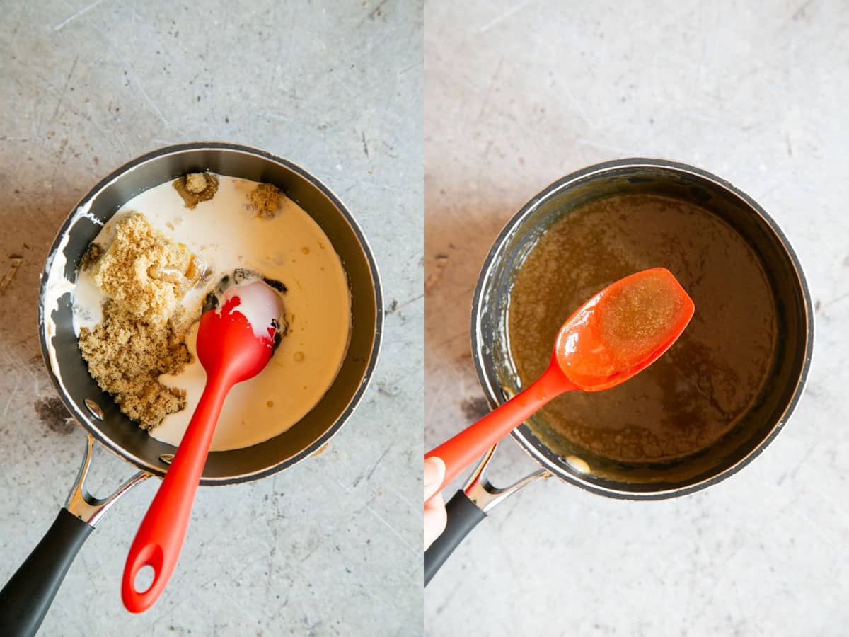 Left: The sauce ingredients in a pan. Right: A smooth glossy sauce.