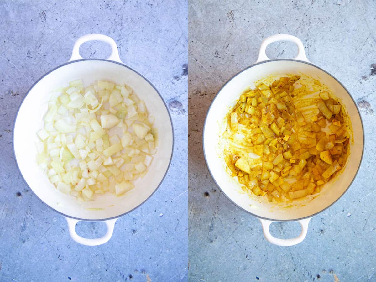 Left: Frying the onion. Right: adding the spices to the pan.