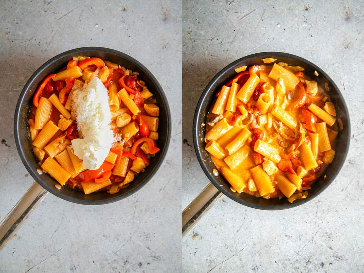 Left: adding the cheese. Right: the cheese stirred into the sauce.