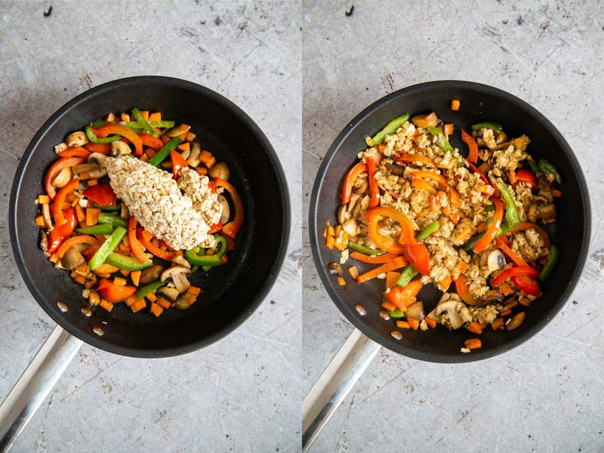 Left: adding the oatmeal to the pan. Right: frying the oats with the vegetables.