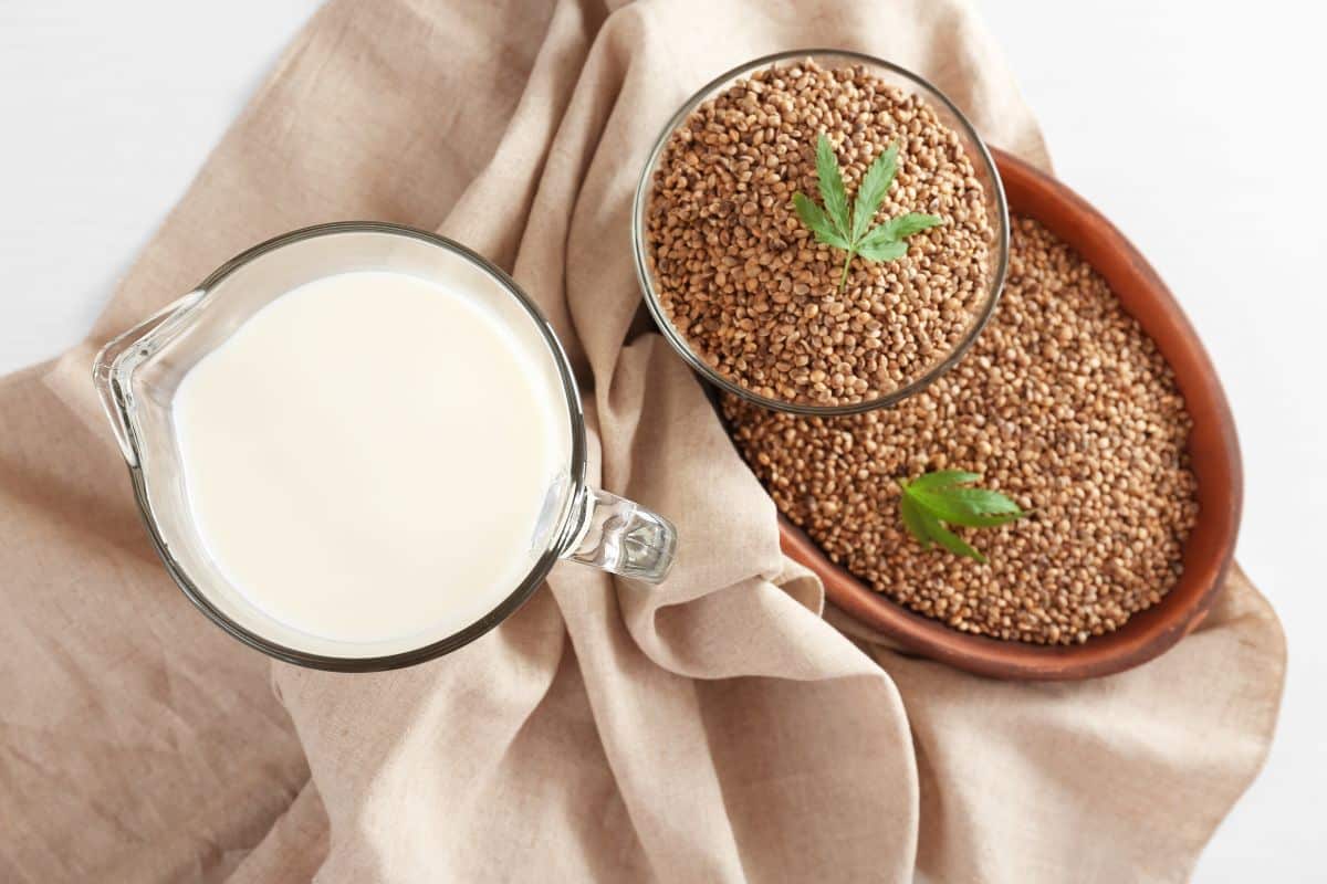 Hemp seeds in two bowls, with a jug of hemp milk sitting on a linen cloth.