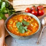 A delicious bowl of lentil and bacon soup, rich and warm in colour and flavour!