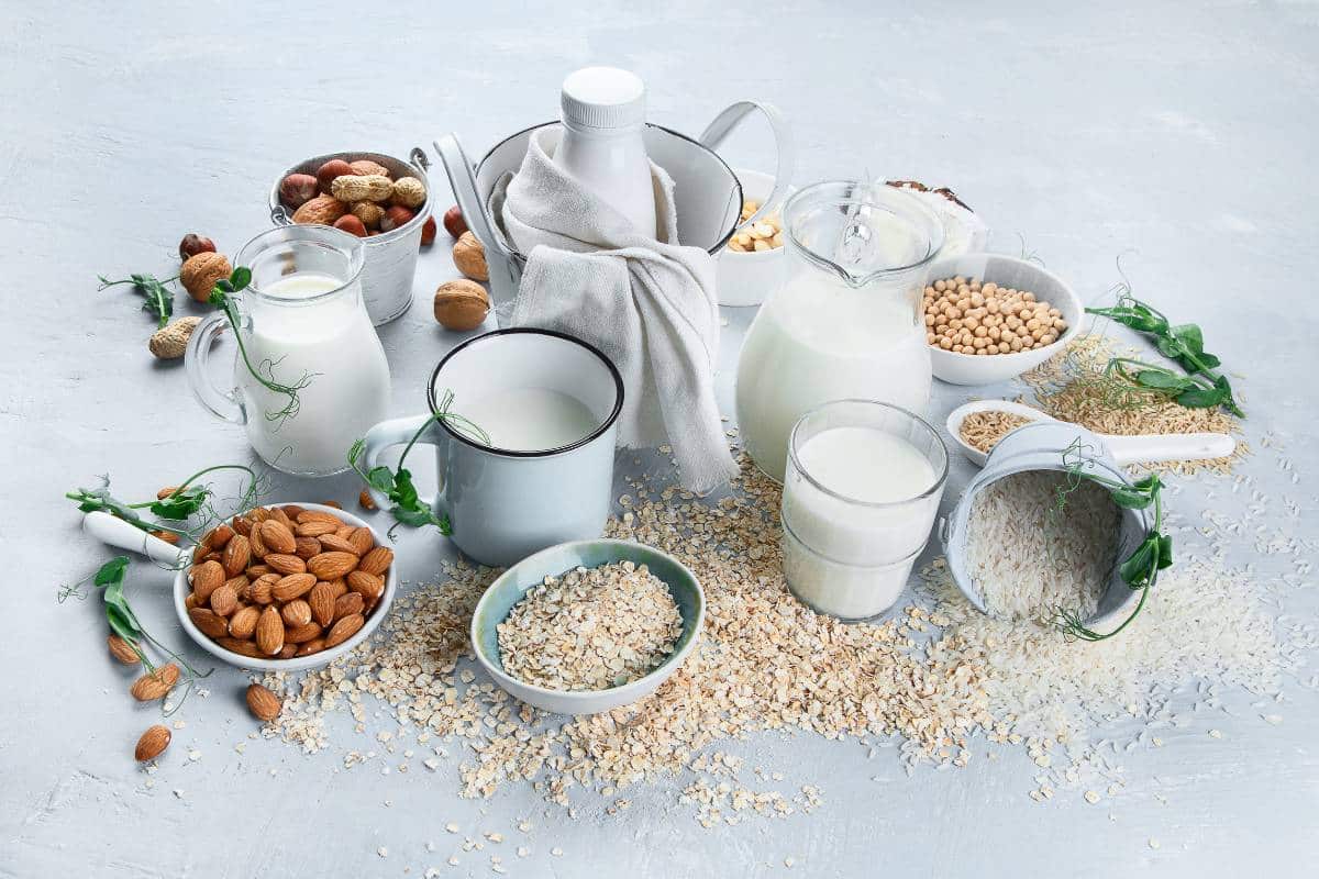 Plant milks and their associated pluses, nuts or seeds in jugs, glasses and bowls.