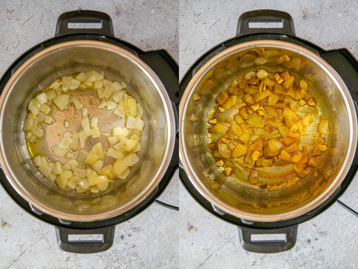 Left: start by gently frying the onion in the butter and oil in the pressure cooker. Right: the garlic and spices added to the pot.