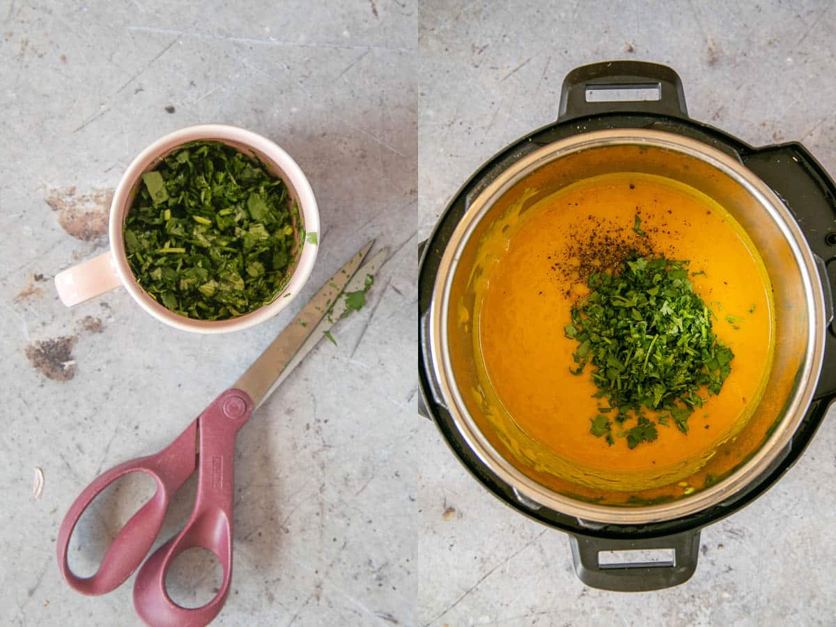 Left: the coriander snipped into pieces in a cup. Right: The coriander or cilantro added to the carrot soup in the pressure cooker.