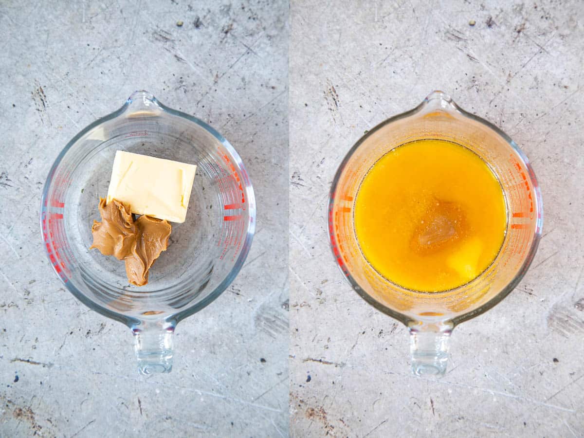 Left: the butter and speculoos spread in a jug. Right: butter and spread melted.
