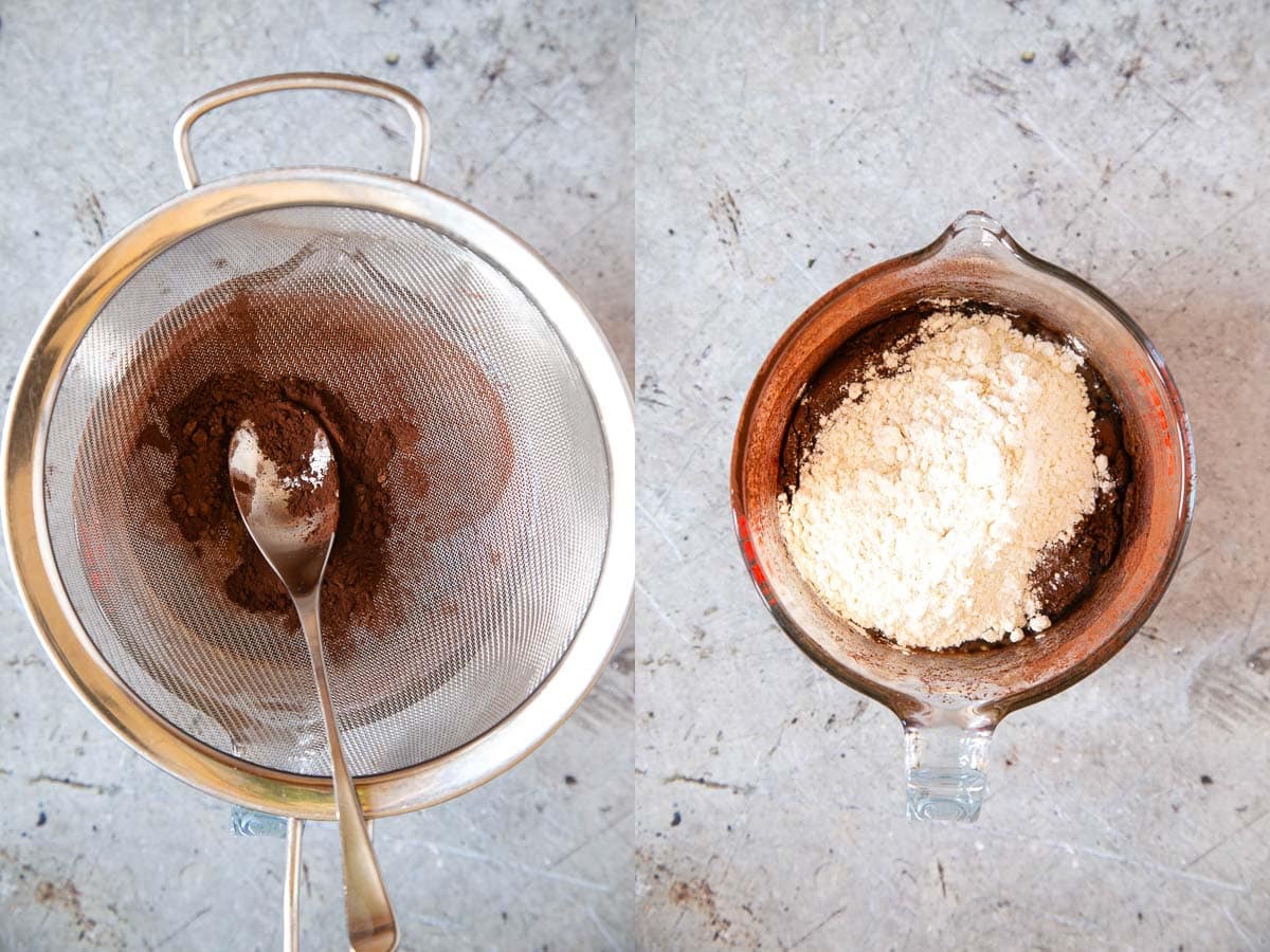 Left: sifting the cocoa in. Right: the flour and baking powder added.