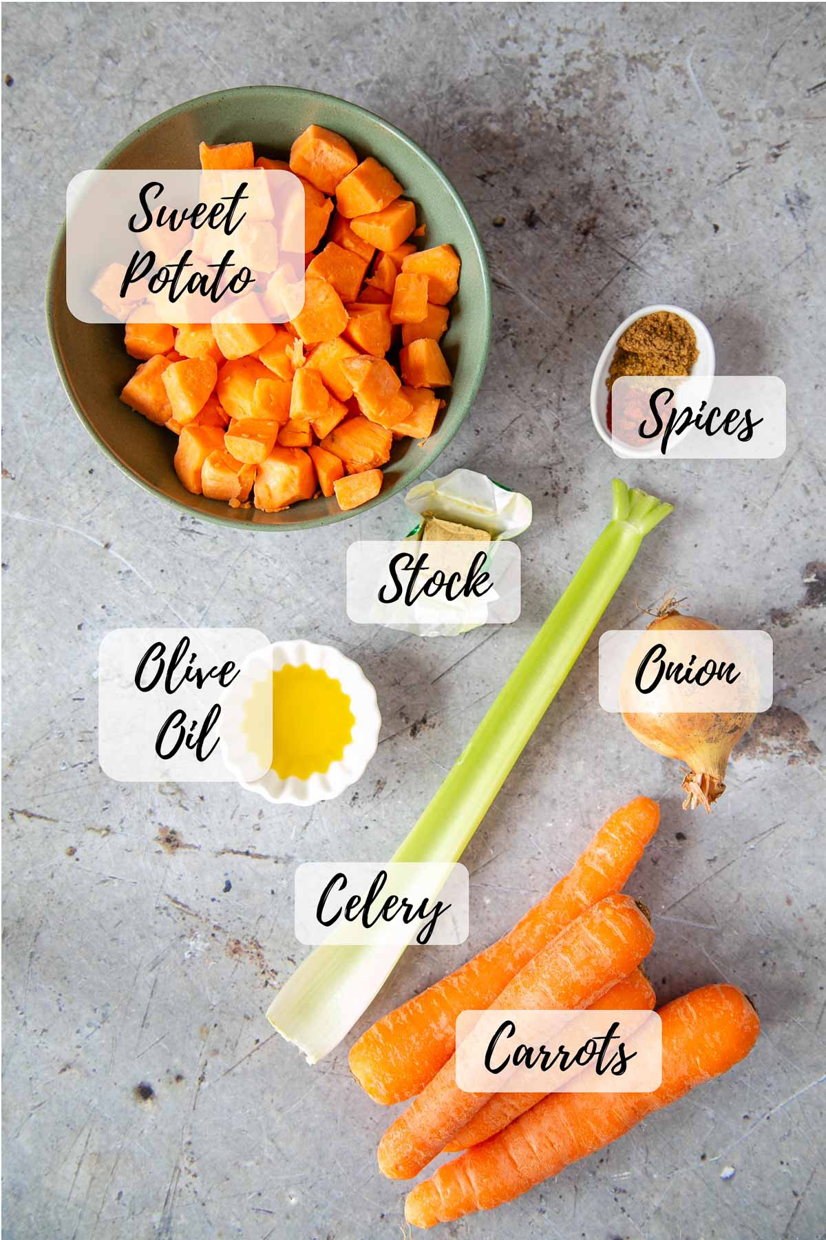 Annotated ingredients needed for making the soup - sweet potatoes, spices, stock cube, olive oil, onion, celery and carrots