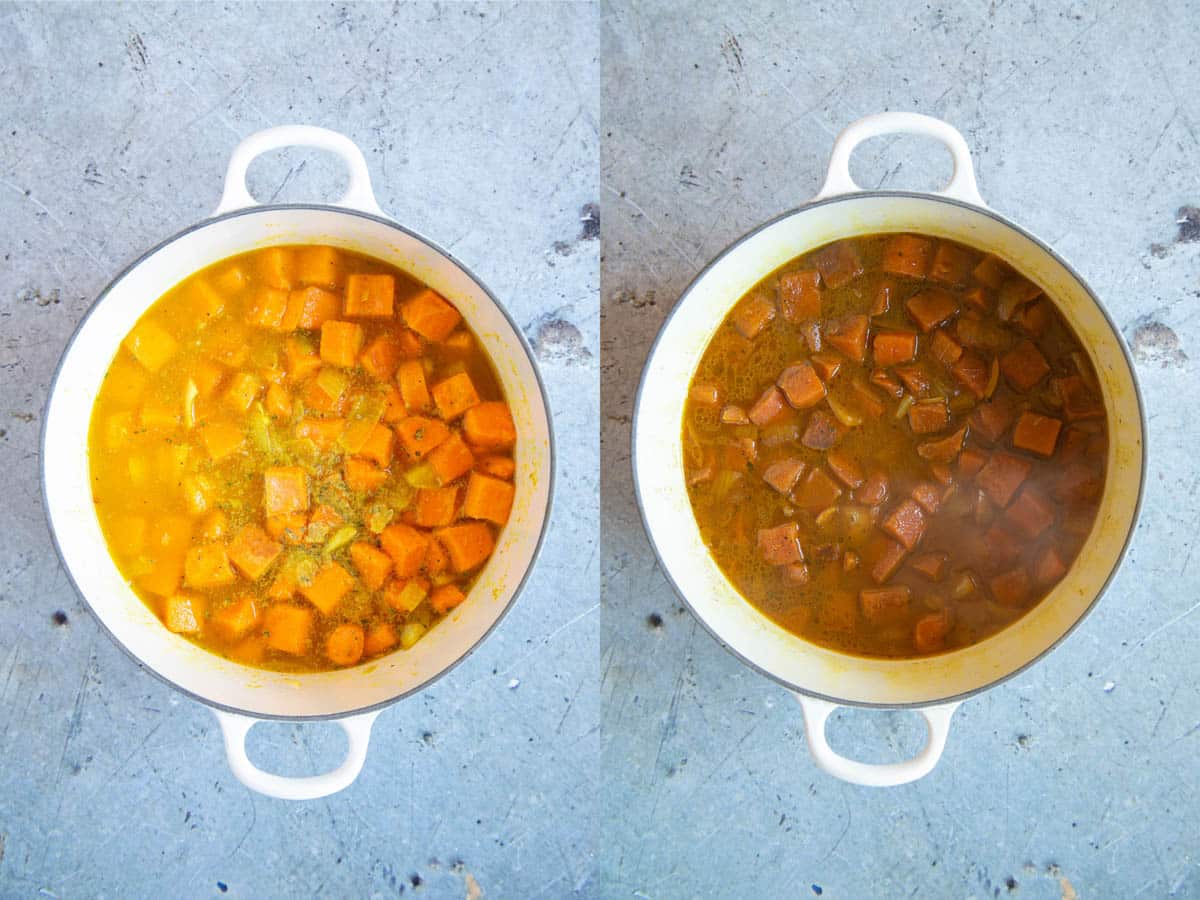 Left: the stock added to the pot. Right: the cooked soup.