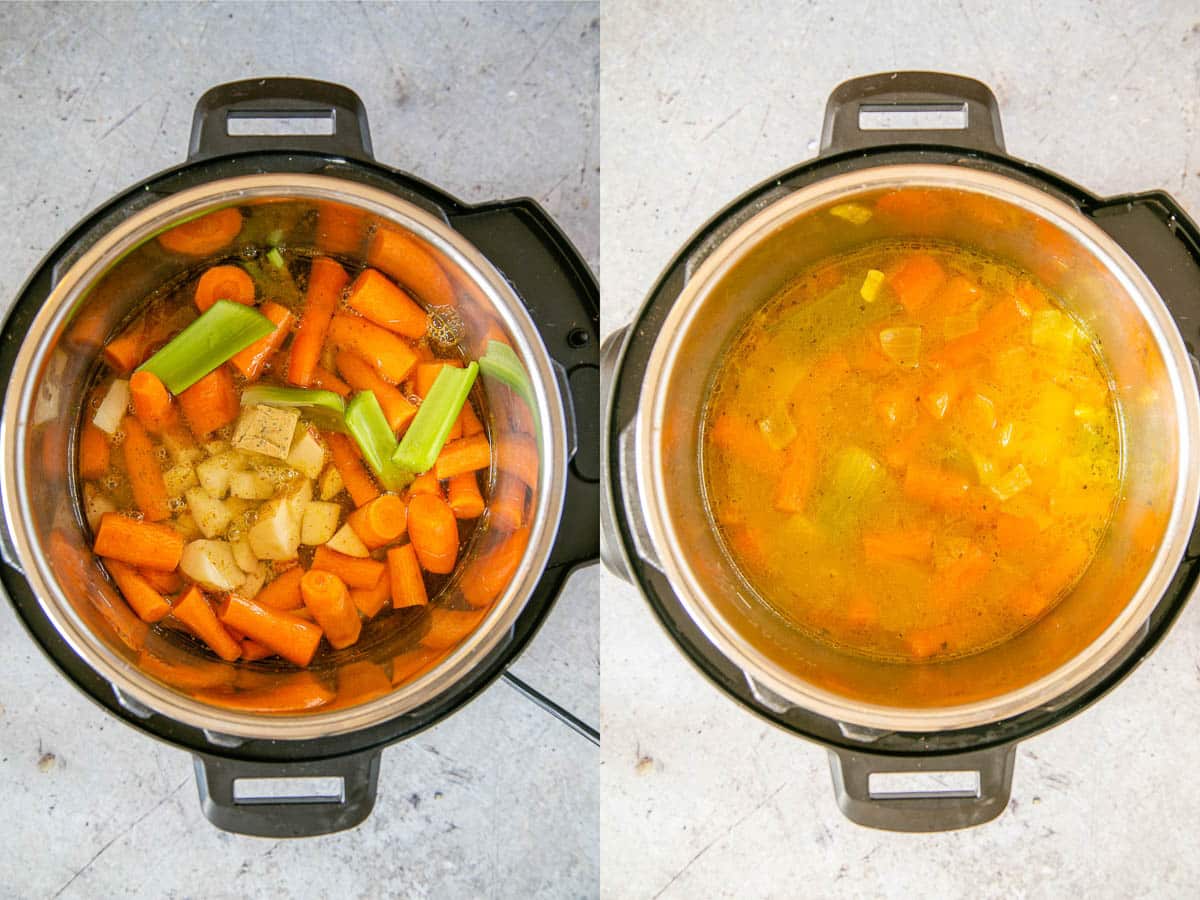 Left: the vegetables and stock cube added to the pot. Right: with the water added.